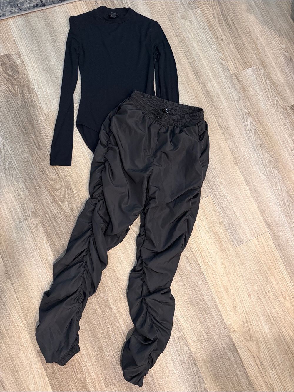 Black Ruched Jogger Pants - fitted mock neck bodysuit